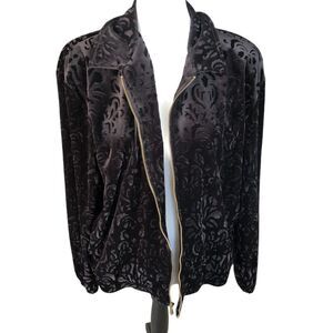 Vintage Teddy Goth Victorian Black Burnout Velvet‎ Zippered Jacket Coat PL